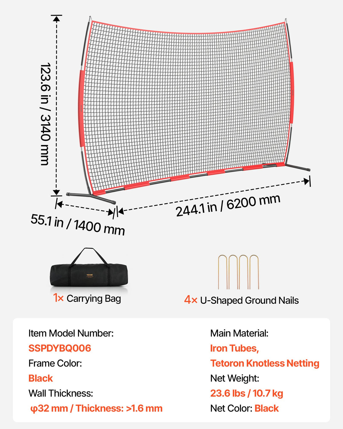 VEVOR Barricade Backstop Net, 20x10 ft Ball Sports Barrier Netting, Portable Practice Equipment with Carry Bag