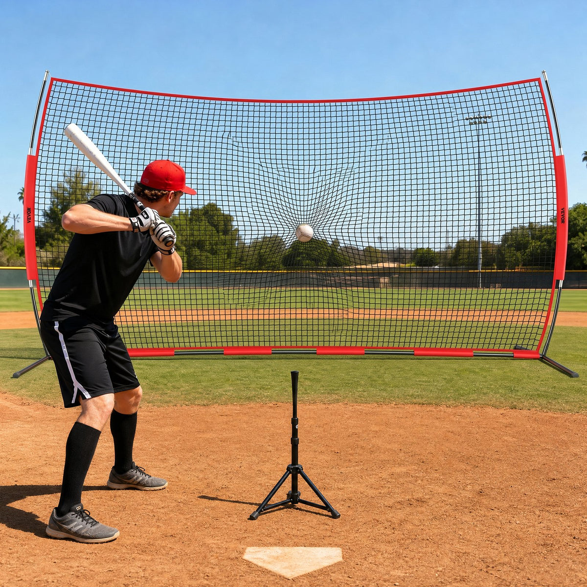 VEVOR Barricade Backstop Net, 20x10 ft Ball Sports Barrier Netting, Portable Practice Equipment with Carry Bag