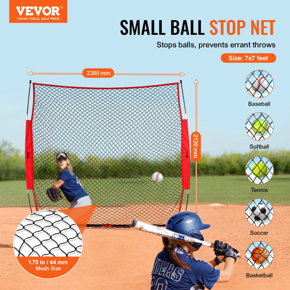 VEVOR Barricade Backstop Net, 7x7 ft Ball Sports Barrier Netting, Portable Practice Equipment with Carry Bag, Protection Screen for Baseball Softball Lacrosse Soccer Hockey Training, for Backyard - DQW77YC00000P85CUV0 - view 3