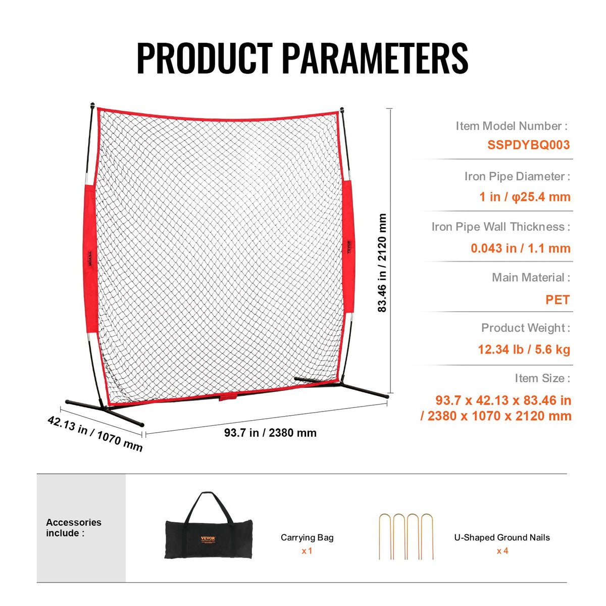 VEVOR Barricade Backstop Net, 7x7 ft Ball Sports Barrier Netting, Portable Practice Equipment with Carry Bag, Protection Screen for Baseball Softball Lacrosse Soccer Hockey Training, for Backyard - DQW77YC00000P85CUV0 - view 8