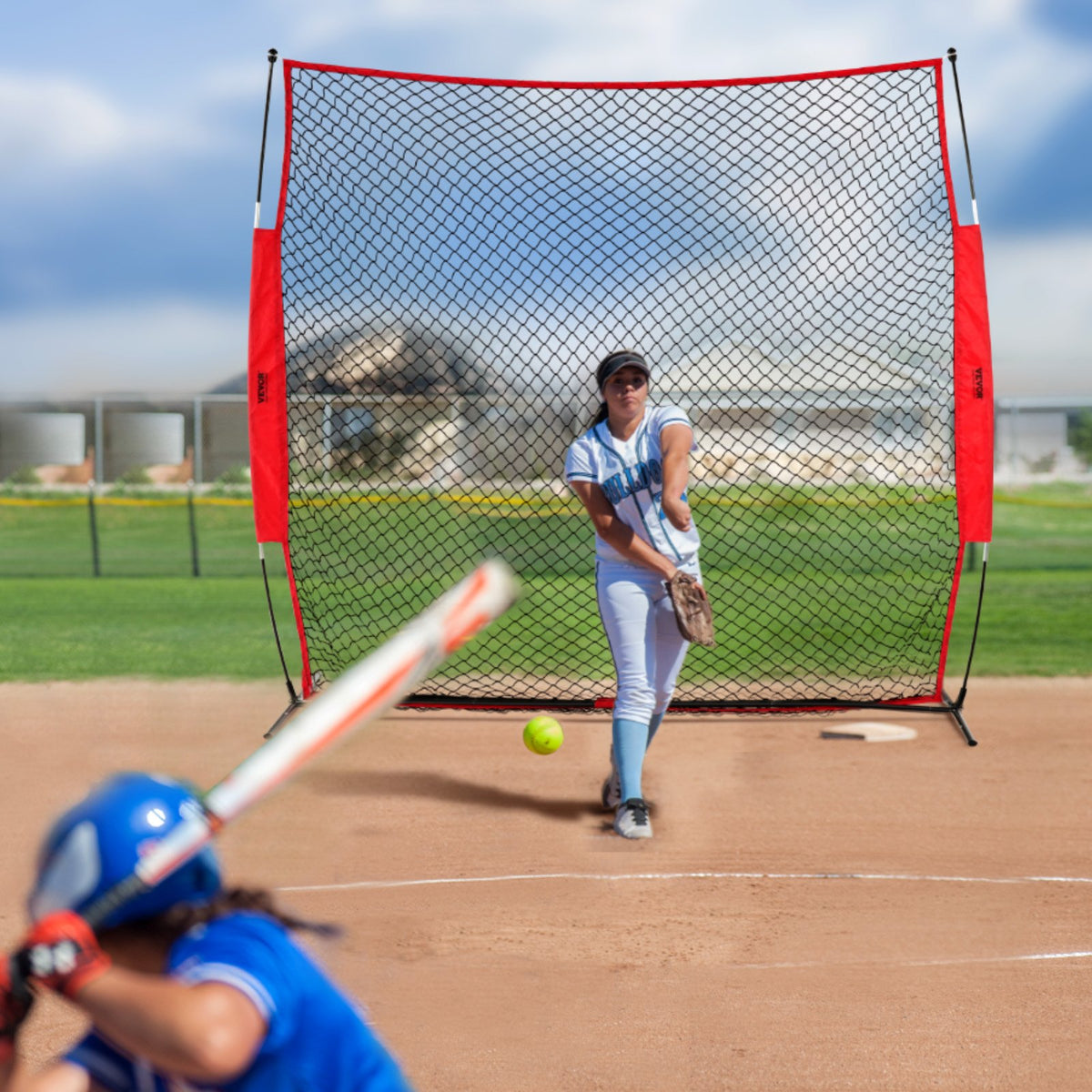 VEVOR Barricade Backstop Net, 7x7 ft Ball Sports Barrier Netting, Portable Practice Equipment with Carry Bag, Protection Screen for Baseball Softball Lacrosse Soccer Hockey Training, for Backyard - DQW77YC00000P85CUV0 - view 9