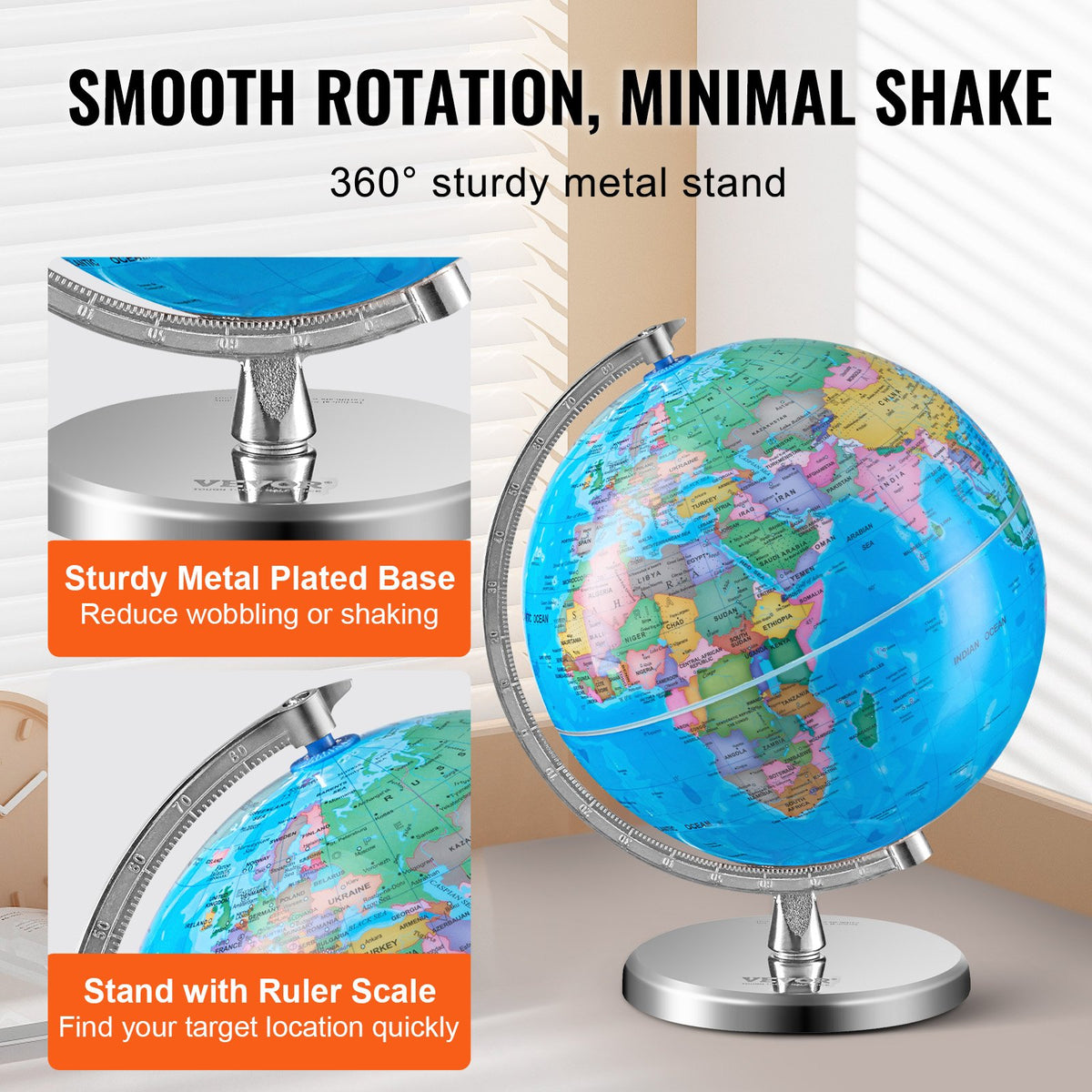 VEVOR Rotating World Globe with Stand, 8 in/203.2 mm, Educational Geographic Globe with Precise Time Zone ABS Material, 360° Spinning Globe for Kids Children Learning Classroom Geography Education - DQYJJLBFG8YCRYAAZV0 - view 5