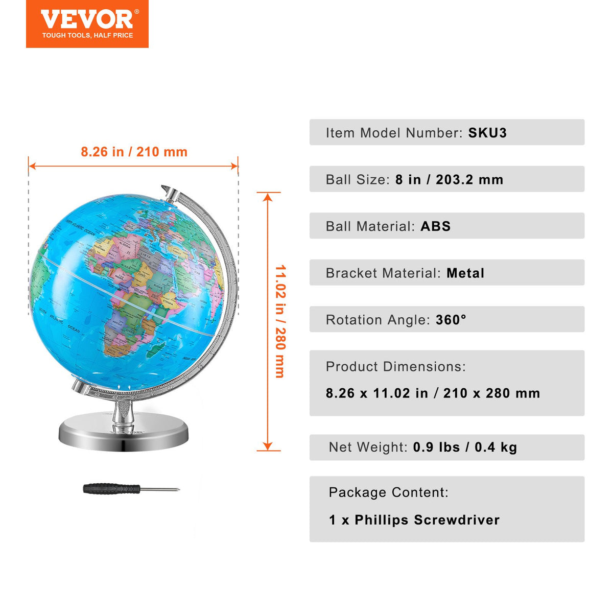 VEVOR Rotating World Globe with Stand, 8 in/203.2 mm, Educational Geographic Globe with Precise Time Zone ABS Material, 360° Spinning Globe for Kids Children Learning Classroom Geography Education - DQYJJLBFG8YCRYAAZV0 - view 8