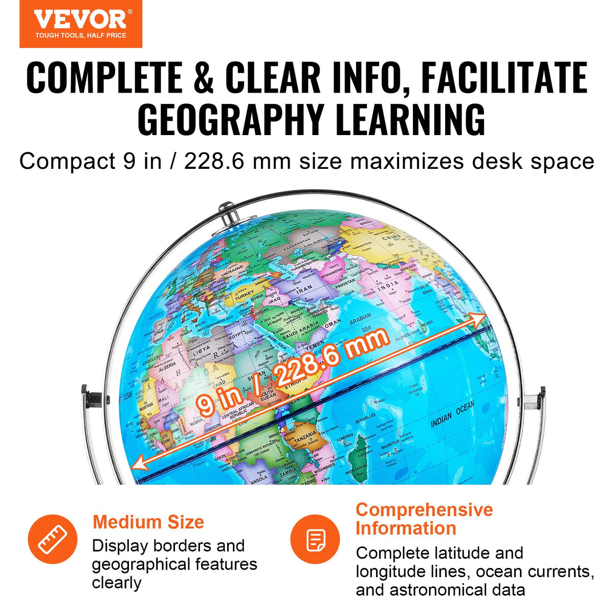 VEVOR Illuminated World Globe with Stand, 9 in/228.6 mm, Educational Earth Globe with Stable Heavy Metal Base and LED Constellation Night Light HD Printed Map, Spinning for Kids Classroom Learning - DQYJJLFGXZ9YG1I1PV9 - view 3