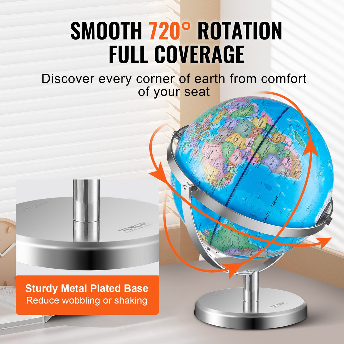 VEVOR Illuminated World Globe with Stand, 9 in/228.6 mm, Educational Earth Globe with Stable Heavy Metal Base and LED Constellation Night Light HD Printed Map, Spinning for Kids Classroom Learning - DQYJJLFGXZ9YG1I1PV9 - view 5