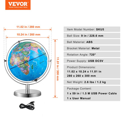 VEVOR Illuminated World Globe with Stand, 9 in/228.6 mm, Educational Earth Globe with Stable Heavy Metal Base and LED Constellation Night Light HD Printed Map, Spinning for Kids Classroom Learning - DQYJJLFGXZ9YG1I1PV9 - view 8