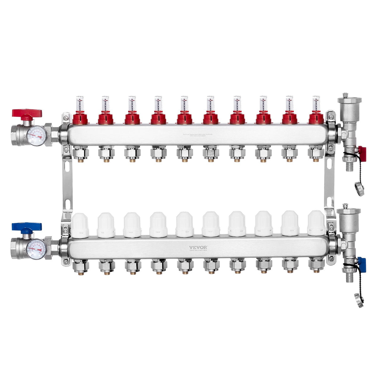 VEVOR 10-Branch Radiant Heat Manifold, 1/2" PEX Tubing Manifold, Stainless Steel PEX Manifold for Hydronic Radiant Floor Heating, Radiant Heat PEX Manifold Kit with 1/2" Adapters Included - DRFSQBXG10HLXLR9WV0 - view 1