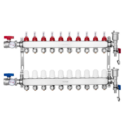 VEVOR 10-Branch Radiant Heat Manifold, 1/2" PEX Tubing Manifold, Stainless Steel PEX Manifold for Hydronic Radiant Floor Heating, Radiant Heat PEX Manifold Kit with 1/2" Adapters Included - DRFSQBXG10HLXLR9WV0 - view 1