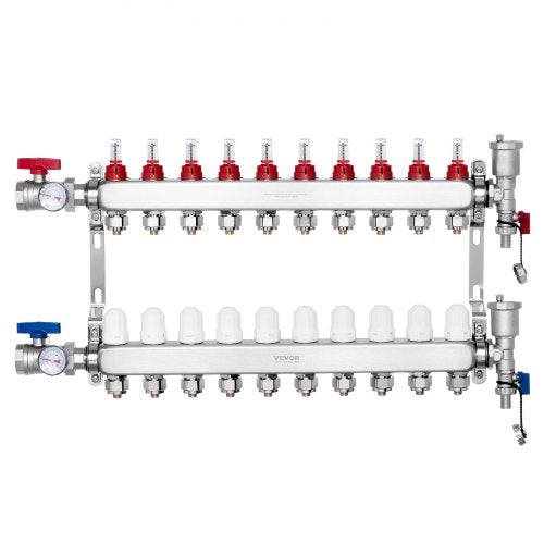 VEVOR 10-Branch Radiant Heat Manifold, 1/2" PEX Tubing Manifold, Stainless Steel PEX Manifold for Hydronic Radiant Floor Heating, Radiant Heat PEX Manifold Kit with 1/2" Adapters Included - DRFSQBXG10HLXLR9WV0 - view 2
