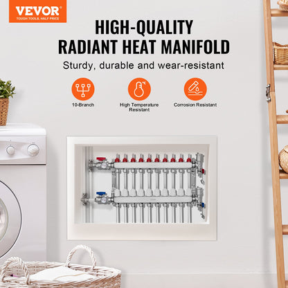VEVOR 10-Branch Radiant Heat Manifold, 1/2" PEX Tubing Manifold, Stainless Steel PEX Manifold for Hydronic Radiant Floor Heating, Radiant Heat PEX Manifold Kit with 1/2" Adapters Included - DRFSQBXG10HLXLR9WV0 - view 3