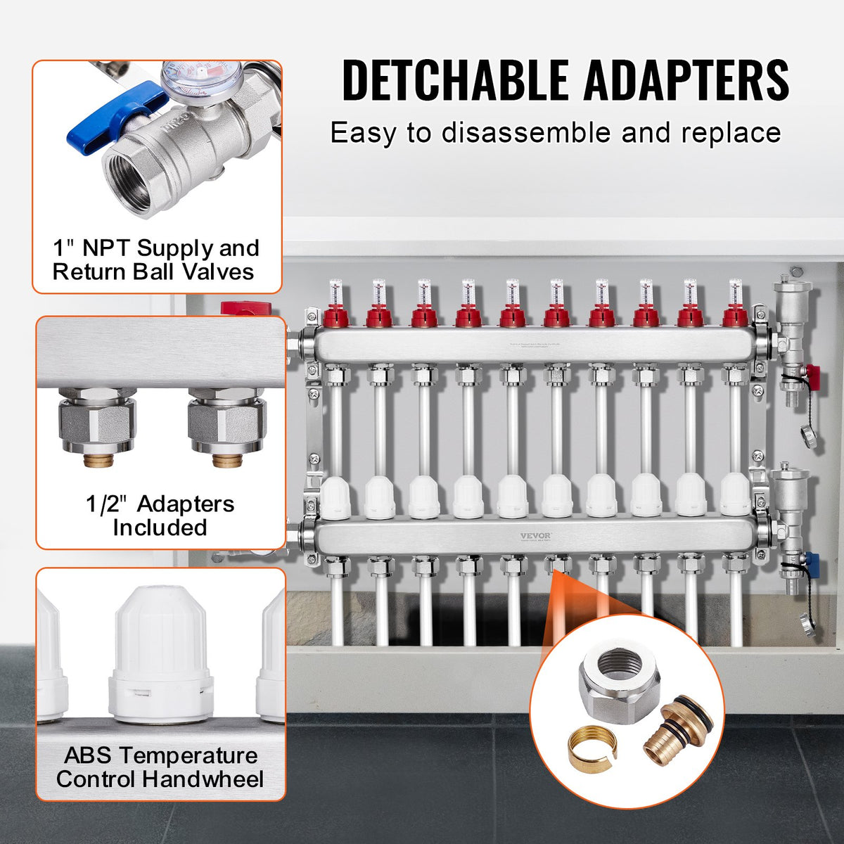 VEVOR 10-Branch Radiant Heat Manifold, 1/2" PEX Tubing Manifold, Stainless Steel PEX Manifold for Hydronic Radiant Floor Heating, Radiant Heat PEX Manifold Kit with 1/2" Adapters Included - DRFSQBXG10HLXLR9WV0 - view 4