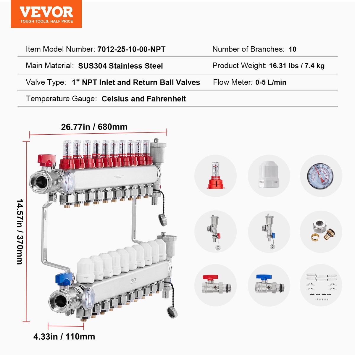 VEVOR 10-Branch Radiant Heat Manifold, 1/2" PEX Tubing Manifold, Stainless Steel PEX Manifold for Hydronic Radiant Floor Heating, Radiant Heat PEX Manifold Kit with 1/2" Adapters Included - DRFSQBXG10HLXLR9WV0 - view 8
