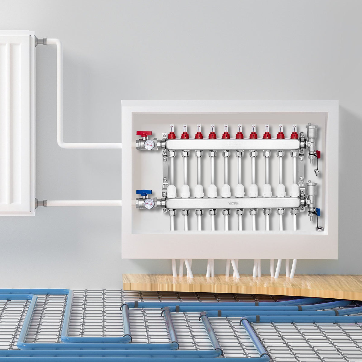 VEVOR 10-Branch Radiant Heat Manifold, 1/2" PEX Tubing Manifold, Stainless Steel PEX Manifold for Hydronic Radiant Floor Heating, Radiant Heat PEX Manifold Kit with 1/2" Adapters Included - DRFSQBXG10HLXLR9WV0 - view 9
