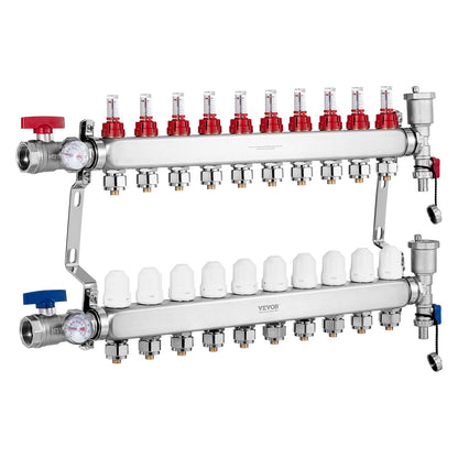 VEVOR 10-Branch Radiant Heat Manifold, 1/2" PEX Tubing Manifold, Stainless Steel PEX Manifold for Hydronic Radiant Floor Heating, Radiant Heat PEX Manifold Kit with 1/2" Adapters Included - DRFSQBXG10HLXLR9WV0 - view 10