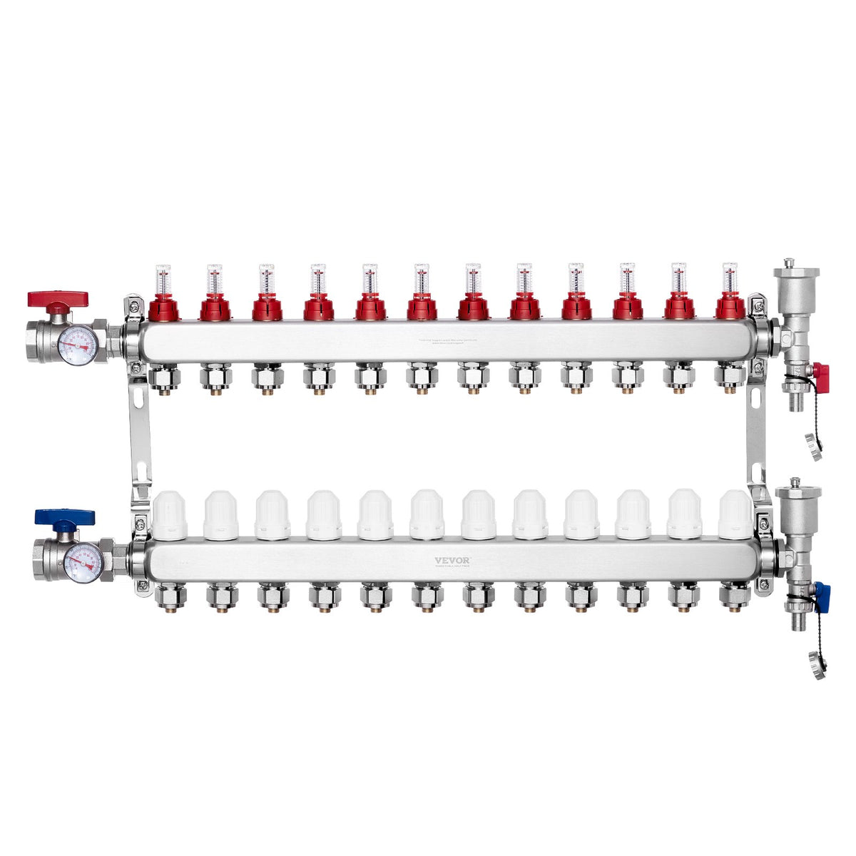 VEVOR 12-Branch Radiant Heat Manifold, 1/2" PEX Tubing Manifold, Stainless Steel PEX Manifold for Hydronic Radiant Floor Heating, Radiant Heat PEX Manifold Kit with 1/2" Adapters Included - DRFSQBXG12HLT7SLLV0 - view 1