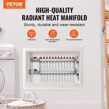 VEVOR 12-Branch Radiant Heat Manifold, 1/2" PEX Tubing Manifold, Stainless Steel PEX Manifold for Hydronic Radiant Floor Heating, Radiant Heat PEX Manifold Kit with 1/2" Adapters Included - DRFSQBXG12HLT7SLLV0 - view 3