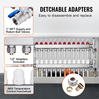 VEVOR 12-Branch Radiant Heat Manifold, 1/2" PEX Tubing Manifold, Stainless Steel PEX Manifold for Hydronic Radiant Floor Heating, Radiant Heat PEX Manifold Kit with 1/2" Adapters Included - DRFSQBXG12HLT7SLLV0 - view 4