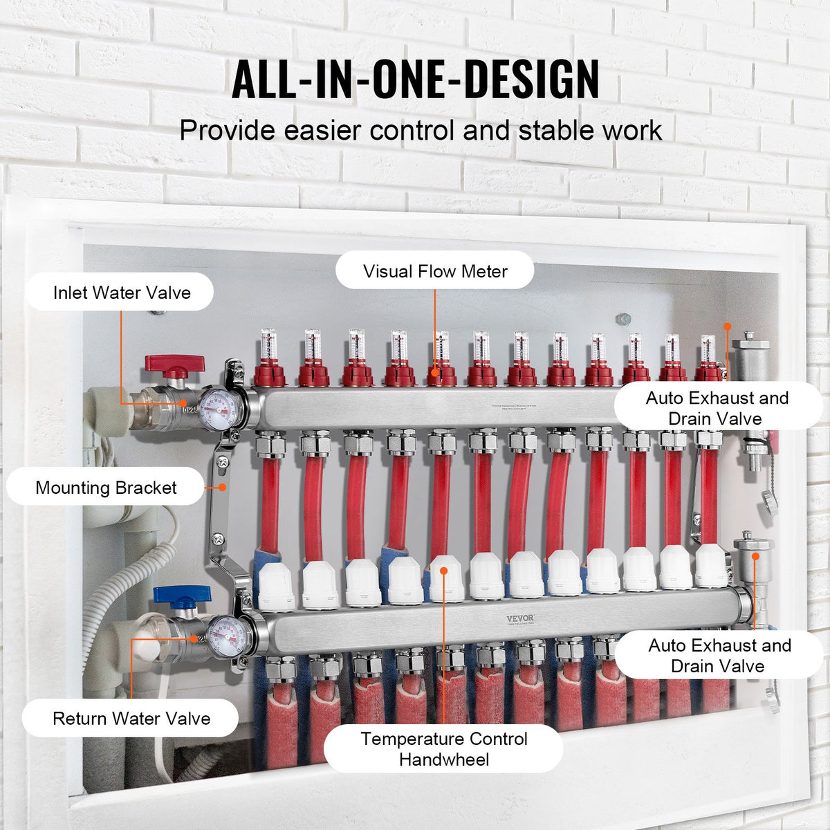 VEVOR 12-Branch Radiant Heat Manifold, 1/2" PEX Tubing Manifold, Stainless Steel PEX Manifold for Hydronic Radiant Floor Heating, Radiant Heat PEX Manifold Kit with 1/2" Adapters Included - DRFSQBXG12HLT7SLLV0 - view 5