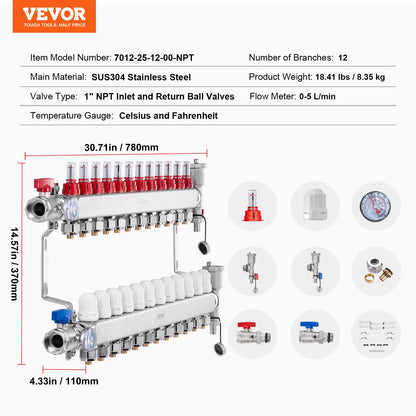 VEVOR 12-Branch Radiant Heat Manifold, 1/2" PEX Tubing Manifold, Stainless Steel PEX Manifold for Hydronic Radiant Floor Heating, Radiant Heat PEX Manifold Kit with 1/2" Adapters Included - DRFSQBXG12HLT7SLLV0 - view 8