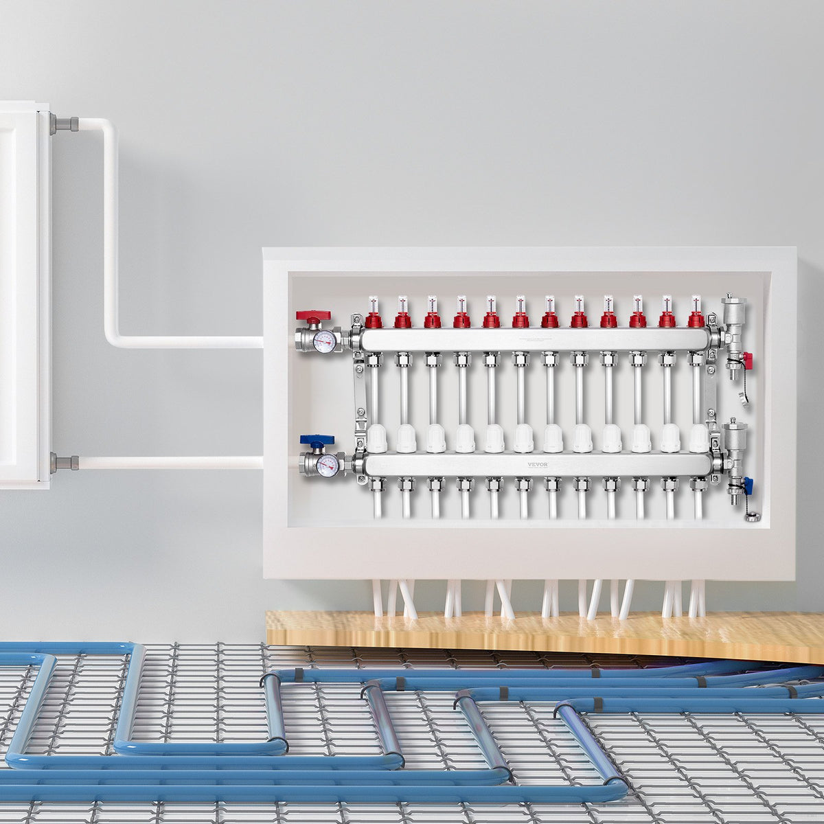VEVOR 12-Branch Radiant Heat Manifold, 1/2" PEX Tubing Manifold, Stainless Steel PEX Manifold for Hydronic Radiant Floor Heating, Radiant Heat PEX Manifold Kit with 1/2" Adapters Included - DRFSQBXG12HLT7SLLV0 - view 9