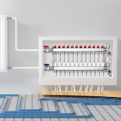 VEVOR 12-Branch Radiant Heat Manifold, 1/2" PEX Tubing Manifold, Stainless Steel PEX Manifold for Hydronic Radiant Floor Heating, Radiant Heat PEX Manifold Kit with 1/2" Adapters Included - DRFSQBXG12HLT7SLLV0 - view 9