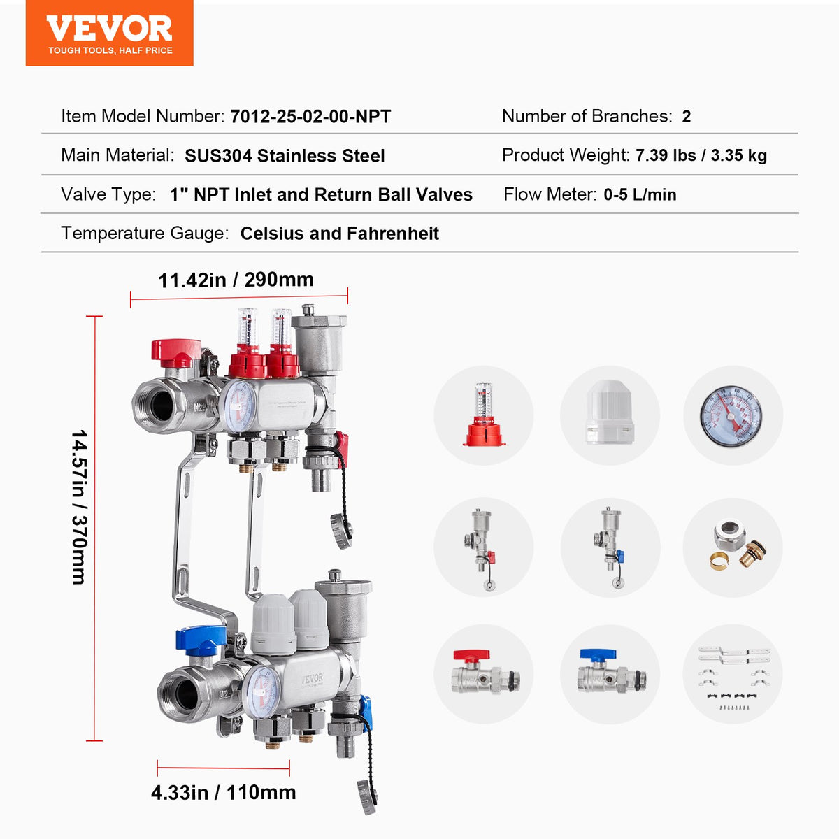VEVOR 2-Branch Radiant Heat Manifold, 1/2" PEX Tubing Manifold, Stainless Steel PEX Manifold for Hydronic Radiant Floor Heating, Radiant Heat PEX Manifold Kit with 1/2" Adapters Included - DRFSQBXG2HL0BJFGWV0 - view 8