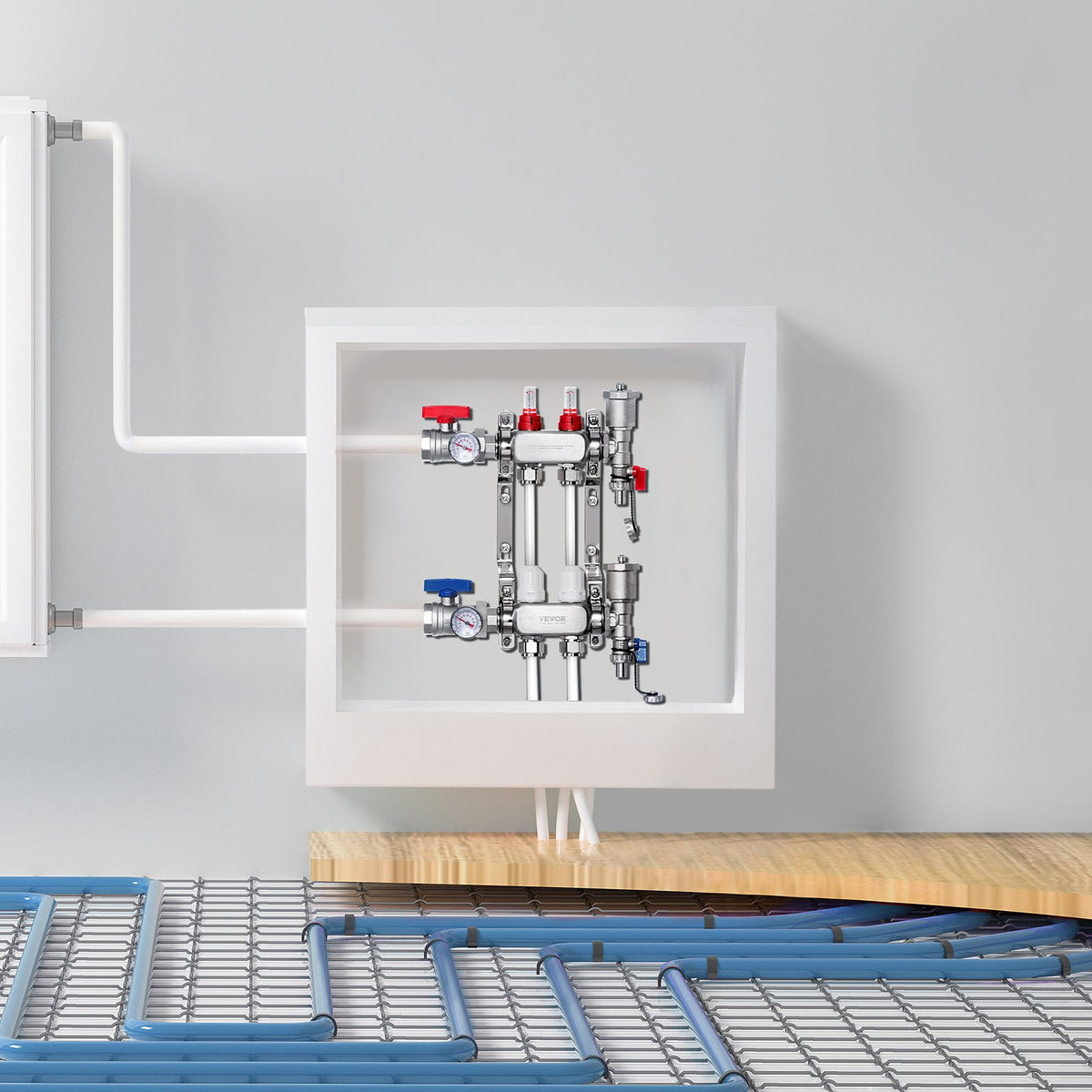 VEVOR 2-Branch Radiant Heat Manifold, 1/2" PEX Tubing Manifold, Stainless Steel PEX Manifold for Hydronic Radiant Floor Heating, Radiant Heat PEX Manifold Kit with 1/2" Adapters Included - DRFSQBXG2HL0BJFGWV0 - view 9