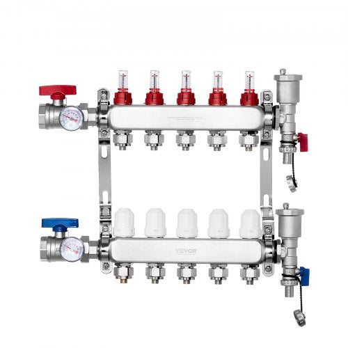 VEVOR 5-Branch Radiant Heat Manifold, 1/2" PEX Tubing Manifold, Stainless Steel PEX Manifold for Hydronic Radiant Floor Heating, Radiant Heat PEX Manifold Kit with 1/2" Adapters Included - DRFSQBXG5HL0QEOXDV0 - view 2
