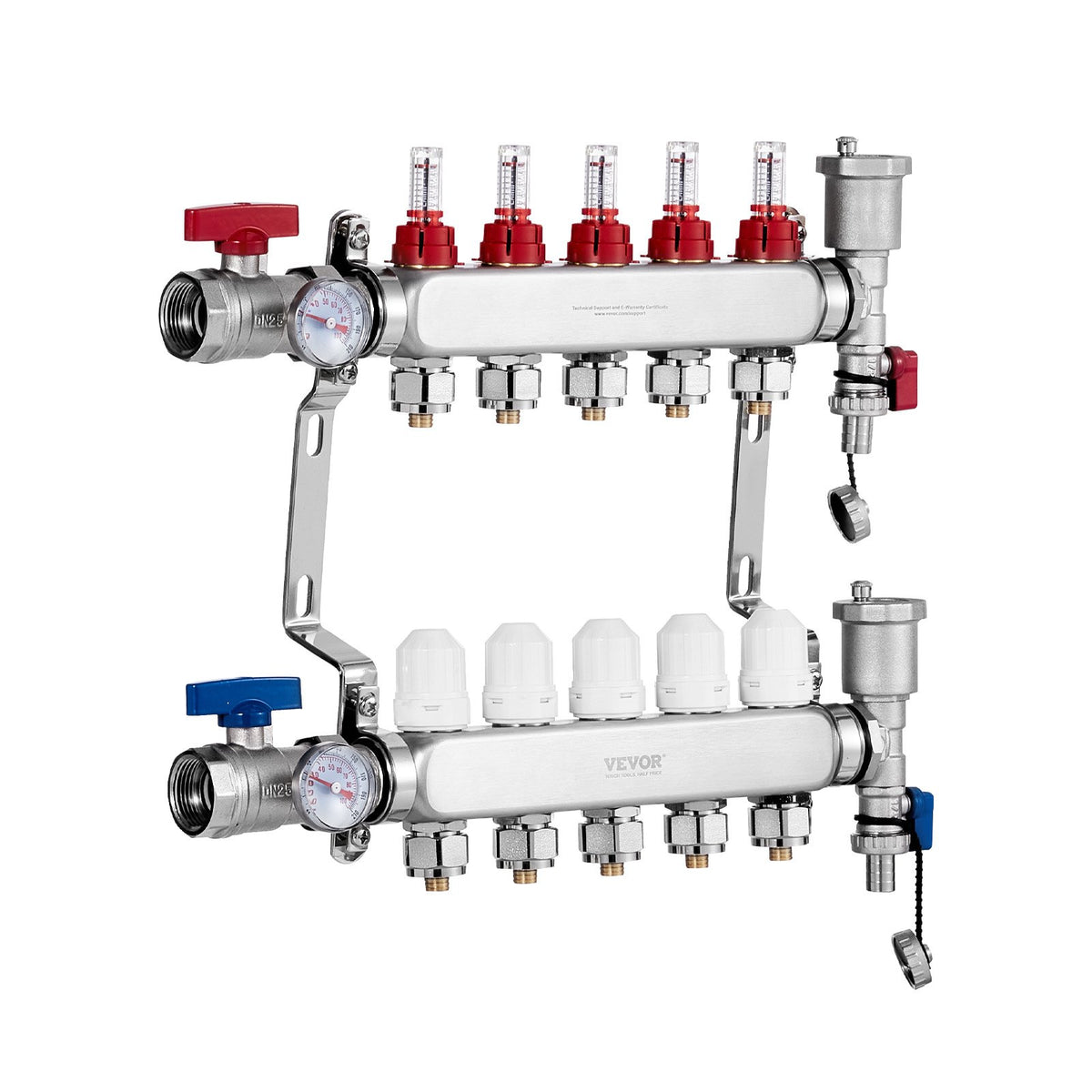 VEVOR 5-Branch Radiant Heat Manifold, 1/2" PEX Tubing Manifold, Stainless Steel PEX Manifold for Hydronic Radiant Floor Heating, Radiant Heat PEX Manifold Kit with 1/2" Adapters Included - DRFSQBXG5HL0QEOXDV0 - view 10