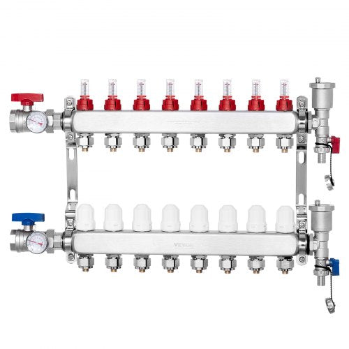 VEVOR 8-Branch Radiant Heat Manifold, 1/2" PEX Tubing Manifold, Stainless Steel PEX Manifold for Hydronic Radiant Floor Heating, Radiant Heat PEX Manifold Kit with 1/2" Adapters Included - DRFSQBXG8HL0IHXPWV0 - view 2