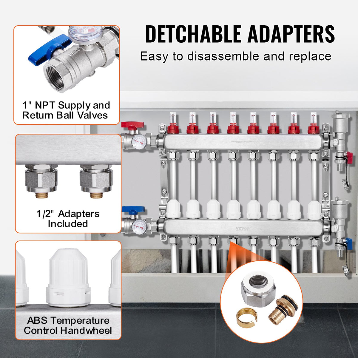 VEVOR 8-Branch Radiant Heat Manifold, 1/2" PEX Tubing Manifold, Stainless Steel PEX Manifold for Hydronic Radiant Floor Heating, Radiant Heat PEX Manifold Kit with 1/2" Adapters Included - DRFSQBXG8HL0IHXPWV0 - view 4
