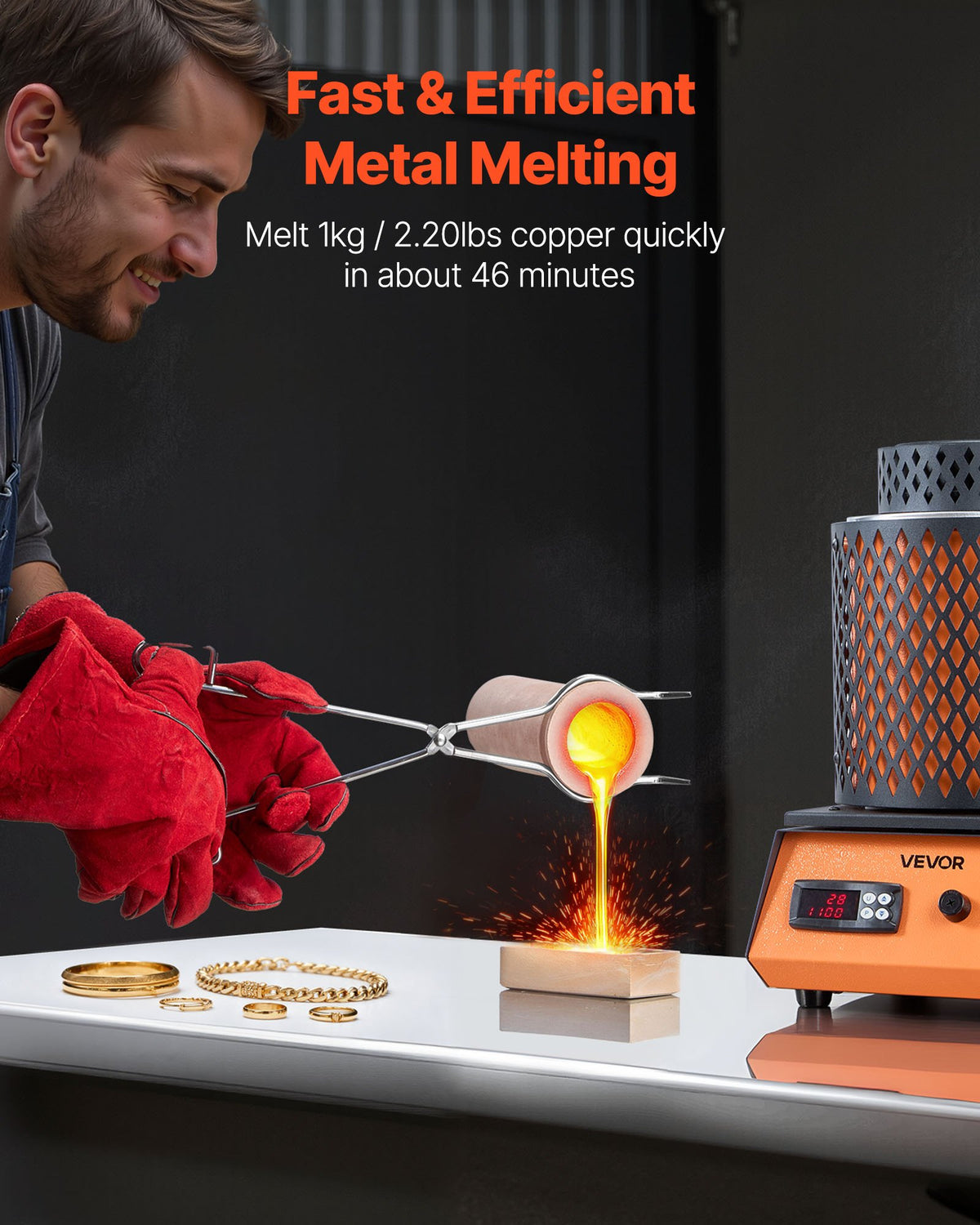 VEVOR Electric Melting Furnace, 1350W Electric Metal Smelter Foundry, 2102℉/1150℃ Metal Smelting Machine with 3kg Ceramic Crucible, Gold Smelting Kit for Jewelry Making, Metal Bars, Metal Components - DRJLCGTCGGHS9D2TA001V1 - view 3