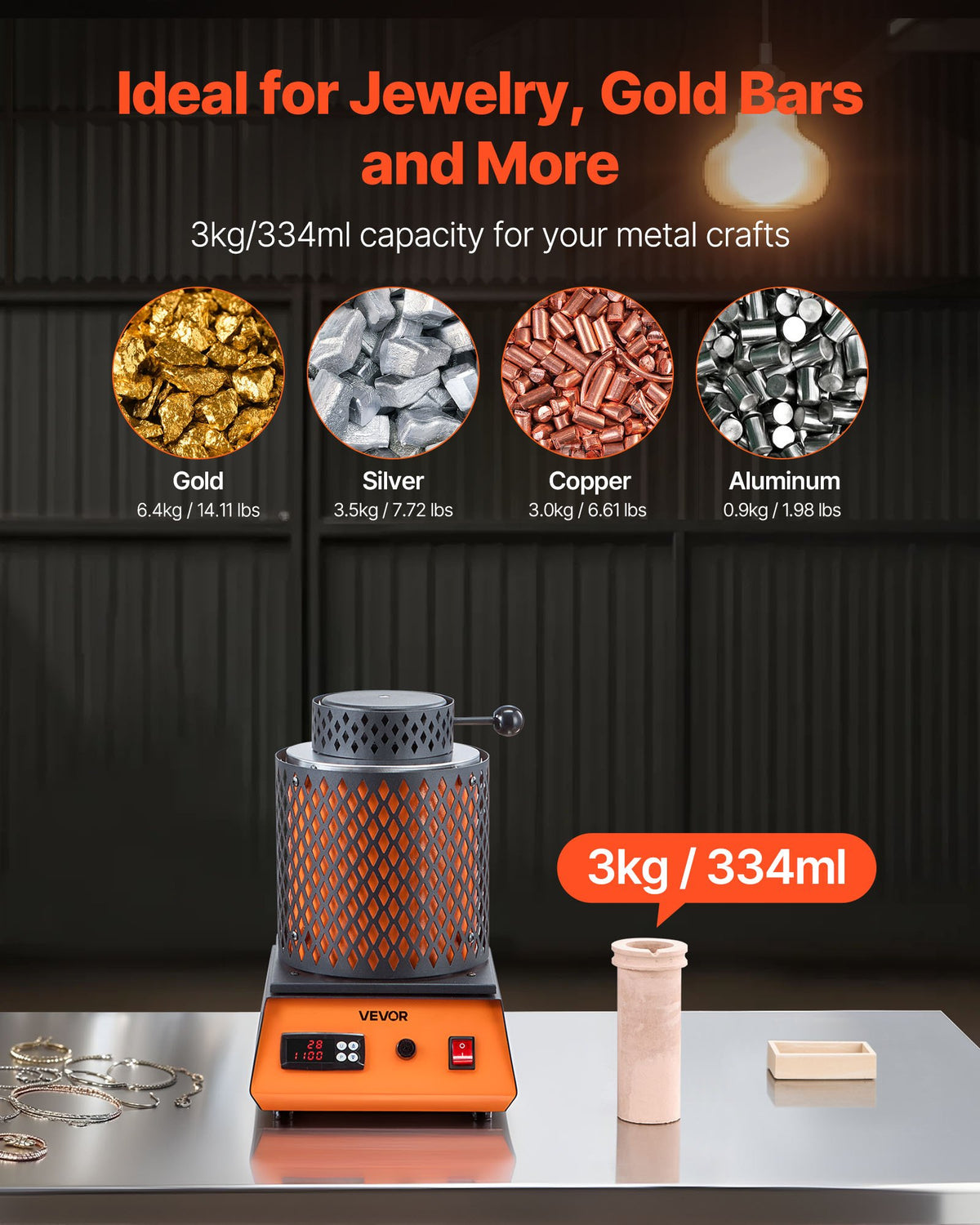 VEVOR Electric Melting Furnace, 1350W Electric Metal Smelter Foundry, 2102℉/1150℃ Metal Smelting Machine with 3kg Ceramic Crucible, Gold Smelting Kit for Jewelry Making, Metal Bars, Metal Components - DRJLCGTCGGHS9D2TA001V1 - view 4