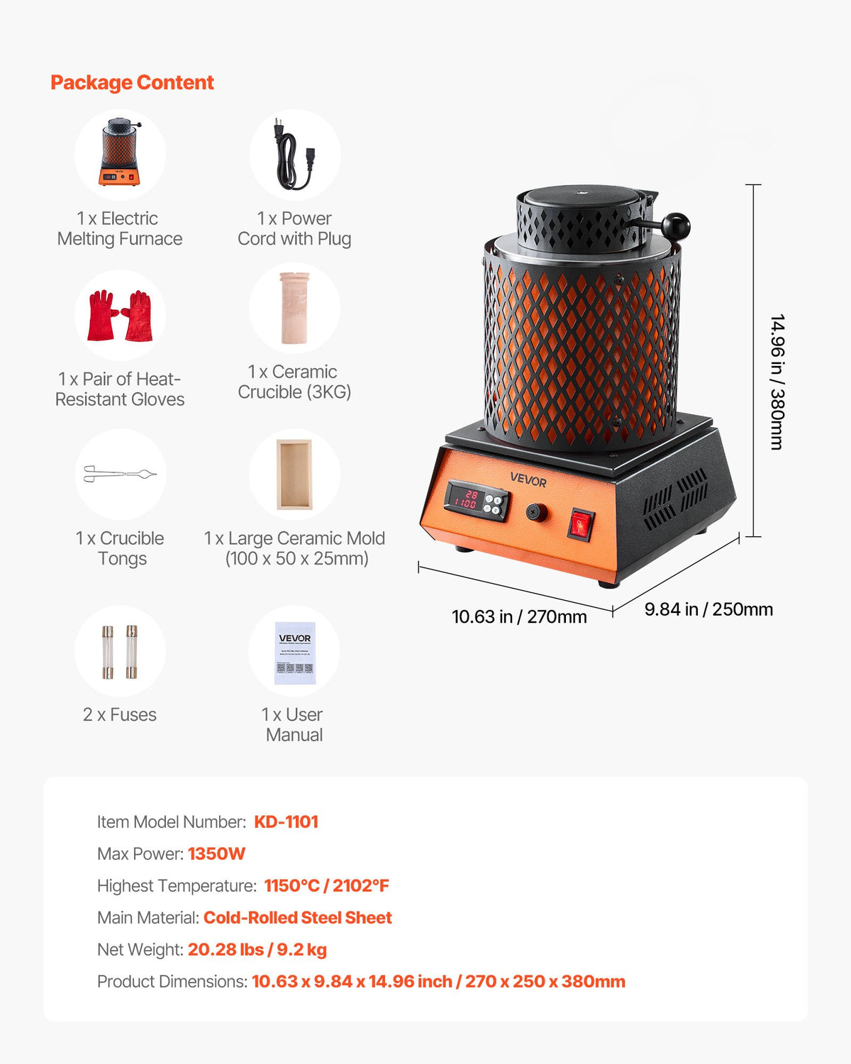 VEVOR Electric Melting Furnace, 1350W Electric Metal Smelter Foundry, 2102℉/1150℃ Metal Smelting Machine with 3kg Ceramic Crucible, Gold Smelting Kit for Jewelry Making, Metal Bars, Metal Components - DRJLCGTCGGHS9D2TA001V1 - view 8