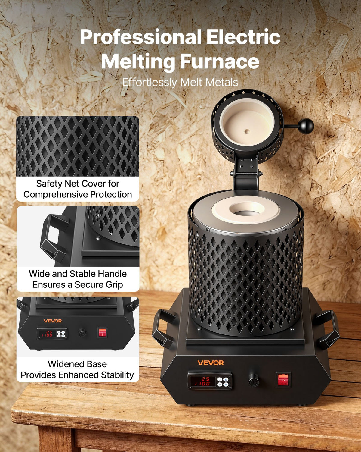 VEVOR Gold Melting Furnace, 1350W, 2102 ℉, PID Digital Electric Melting Furnace with 1 kg and 3 kg Ceramic Crucibles, Insulated Gloves, Crucible Tongs and Tray, for Gold, Silver, Aluminum, Copper - DRJLCGTCGGHST9KTU001V1 - view 3