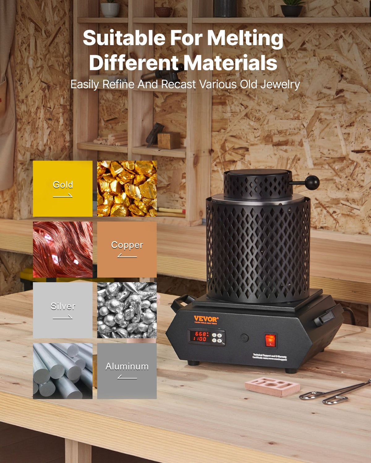VEVOR Gold Melting Furnace, 1350W, 2102 ℉, PID Digital Electric Melting Furnace with 1 kg and 3 kg Ceramic Crucibles, Insulated Gloves, Crucible Tongs and Tray, for Gold, Silver, Aluminum, Copper - DRJLCGTCGGHST9KTU001V1 - view 7