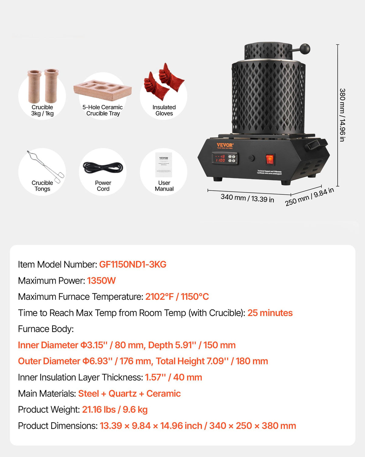VEVOR Gold Melting Furnace, 1350W, 2102 ℉, PID Digital Electric Melting Furnace with 1 kg and 3 kg Ceramic Crucibles, Insulated Gloves, Crucible Tongs and Tray, for Gold, Silver, Aluminum, Copper - DRJLCGTCGGHST9KTU001V1 - view 8