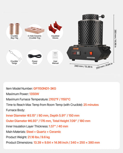 VEVOR Gold Melting Furnace, 1350W, 2102 ℉, PID Digital Electric Melting Furnace with 1 kg and 3 kg Ceramic Crucibles, Insulated Gloves, Crucible Tongs and Tray, for Gold, Silver, Aluminum, Copper - DRJLCGTCGGHST9KTU001V1 - view 8