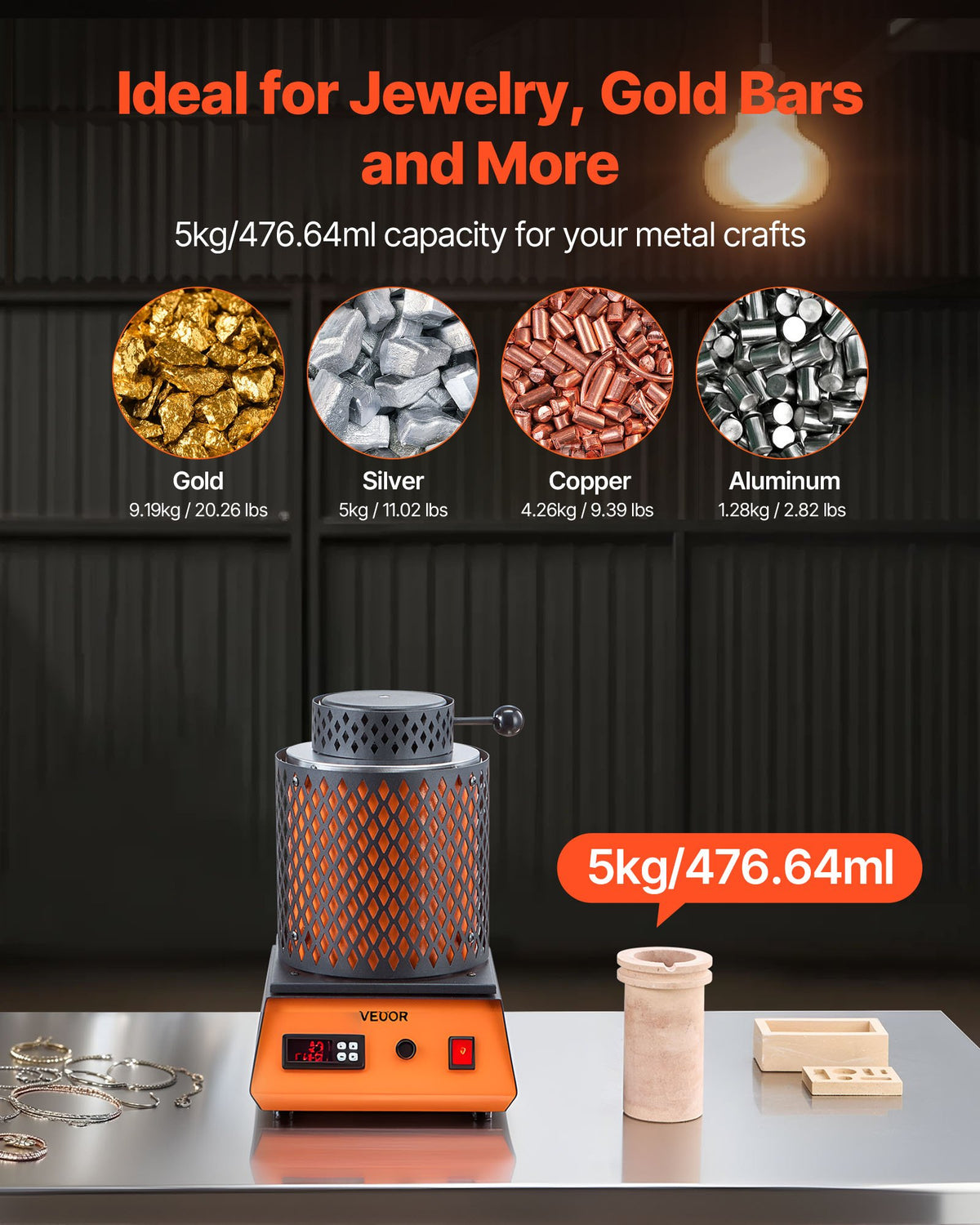 VEVOR Electric Melting Furnace, 1500W Electric Metal Smelter Foundry, 2102℉/1150℃ Metal Smelting Machine with 5kg Ceramic Crucible, Gold Smelting Kit for Jewelry Making, Metal Bars, Metal Components - DRJLCGTCGGHSZZPJV001V1 - view 4