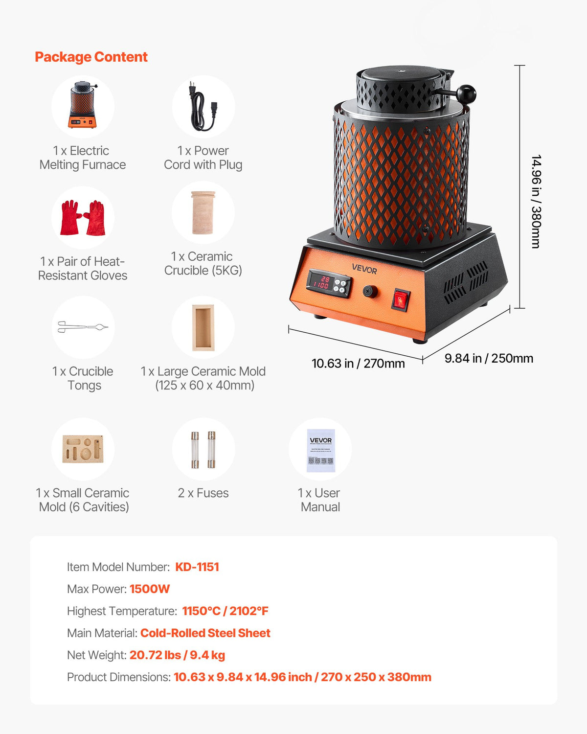 VEVOR Electric Melting Furnace, 1500W Electric Metal Smelter Foundry, 2102℉/1150℃ Metal Smelting Machine with 5kg Ceramic Crucible, Gold Smelting Kit for Jewelry Making, Metal Bars, Metal Components - DRJLCGTCGGHSZZPJV001V1 - view 8