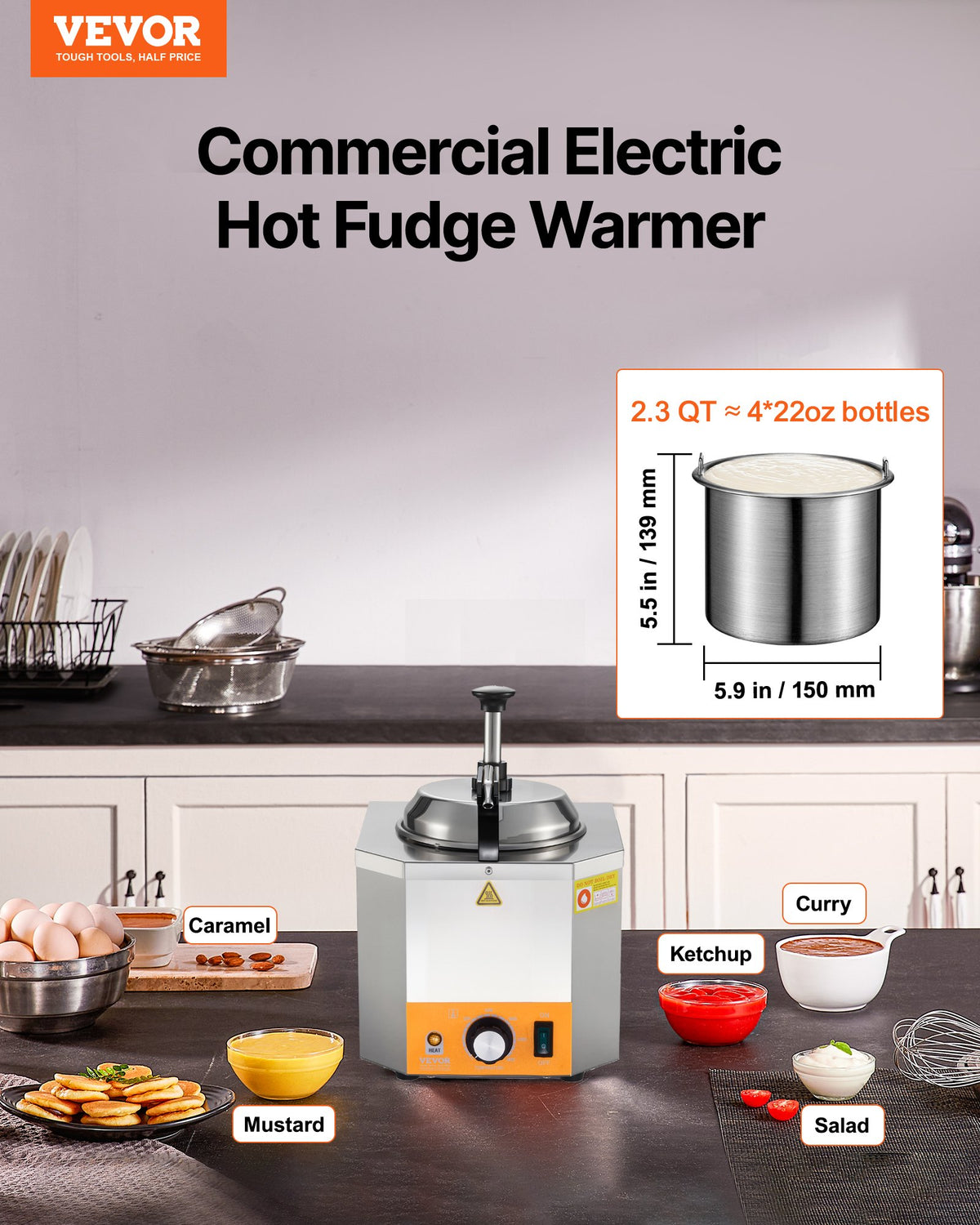 VEVOR Electric Cheese Dispenser with Pump, 2.4L Commercial Hot Fudge Warmer, Stainless Steel Heated Pump Dispenser, 86-230℉ Temp Adjustable Nacho Cheese Sauce Warmer, for Hot Fudge Cheese Caramel - DRNZBX650WFXORMDW001V1 - view 3