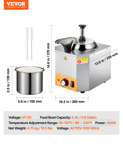 VEVOR Electric Cheese Dispenser with Pump, 2.4L Commercial Hot Fudge Warmer, Stainless Steel Heated Pump Dispenser, 86-230℉ Temp Adjustable Nacho Cheese Sauce Warmer, for Hot Fudge Cheese Caramel - DRNZBX650WFXORMDW001V1 - view 8