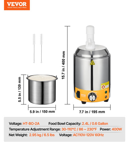VEVOR Electric Cheese Dispenser with Pump, 2.4L Commercial Hot Fudge Warmer, Plastic Pump Dispenser, 86-230℉ Temp Adjustable Nacho Cheese Sauce Warmer, for Hot Fudge Cheese Caramel - DRNZBX650WYXX2M42001V1 - view 8