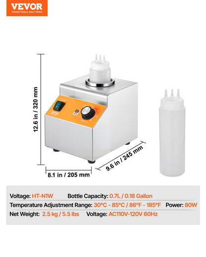 VEVOR Electric Bottle Warmer with Bottle, 0.8L Commercial Cheese Dispenser, Hot Fudge Warmer 86-185℉ Temp Adjustable, Plastic Bottle Nacho Cheese Sauce Warmer for Hot Fudge Cheese Caramel, Square - DRNZBX80WFXD64IU9001V1 - view 8