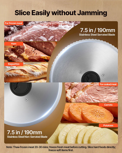 VEVOR Meat Slicer, 7.5" Electric Deli Slicer with 2 SUS420 Blades & 0-0.6" Adjustable Thickness, 200W Home Food-Slicer for Frozen Meat, Ham, Baguett, Steak, UL Approved - DRQPJ200WSDP5IVA1001V1 - view 4