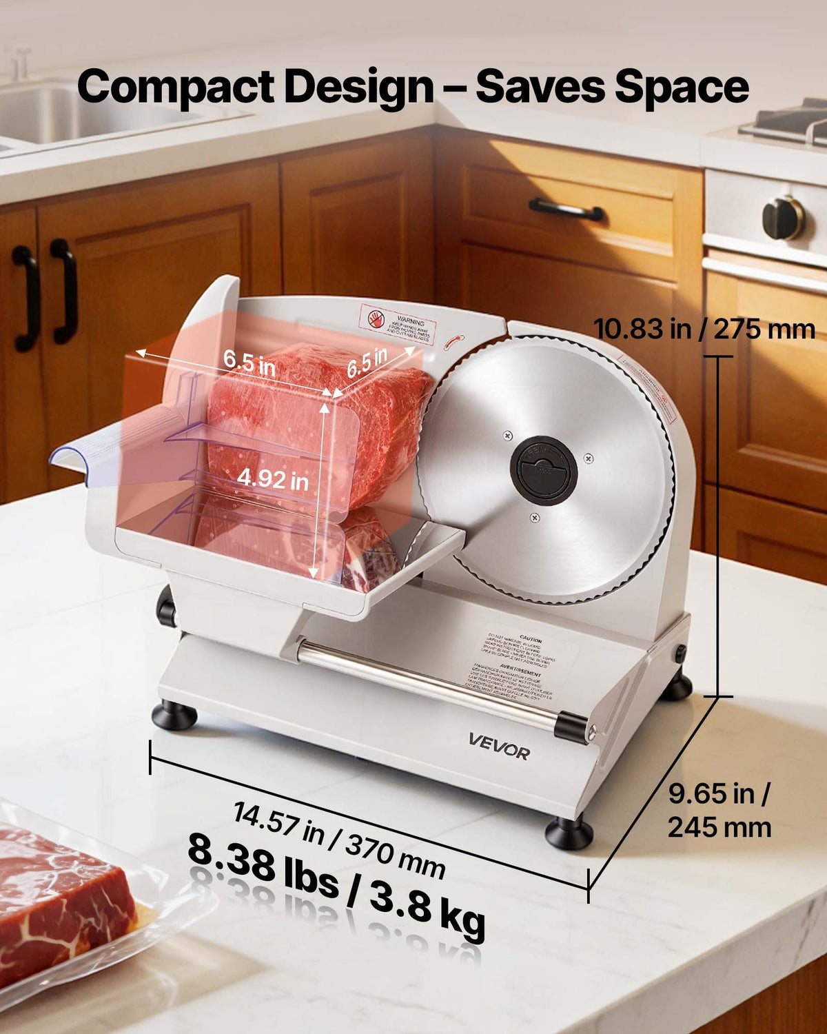 VEVOR Meat Slicer, 7.5" Electric Deli Slicer with 2 SUS420 Blades & 0-0.6" Adjustable Thickness, 200W Home Food-Slicer for Frozen Meat, Ham, Baguett, Steak, UL Approved - DRQPJ200WSDP5IVA1001V1 - view 8