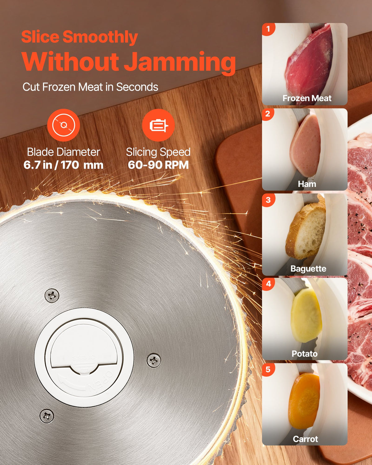 VEVOR Meat Slicer, 6.7" Foldable Electric Cutter with Dual Security Lock, 0-0.59" Adjustable Thickness, Easy to Clean, 180W Home Food-Slicer for Frozen Meat, Ham, Baguett, Steak - DRQPJJYKBZD6TSY6A002V1 - view 4