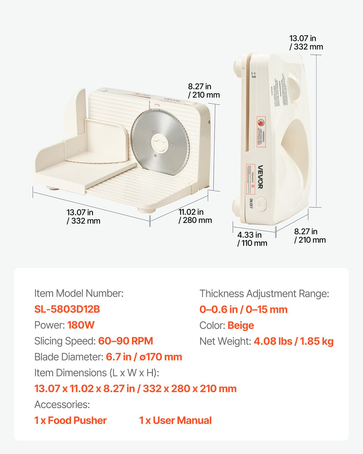 VEVOR Meat Slicer, 6.7" Foldable Electric Cutter with Dual Security Lock, 0-0.59" Adjustable Thickness, Easy to Clean, 180W Home Food-Slicer for Frozen Meat, Ham, Baguett, Steak - DRQPJJYKBZD6TSY6A002V1 - view 8