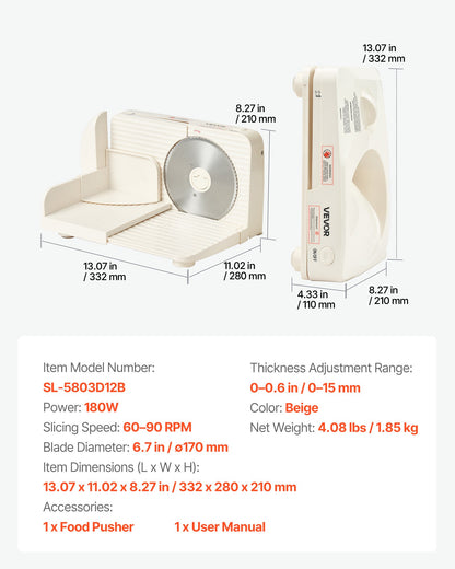 VEVOR Meat Slicer, 6.7" Foldable Electric Cutter with Dual Security Lock, 0-0.59" Adjustable Thickness, Easy to Clean, 180W Home Food-Slicer for Frozen Meat, Ham, Baguett, Steak - DRQPJJYKBZD6TSY6A002V1 - view 8