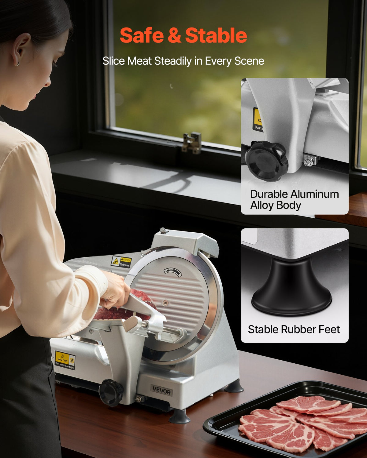 VEVOR Commercial Meat Slicer, 10 inch Electric Deli Slicer Machine, 320W Food-Slicer with SUS420 Blade, 0-0.4 inch Adjustable Thickness, for Frozen Meat, Ham, Baguett, Steak - DRQPJSYKBZD1QKTRL001V1 - view 7